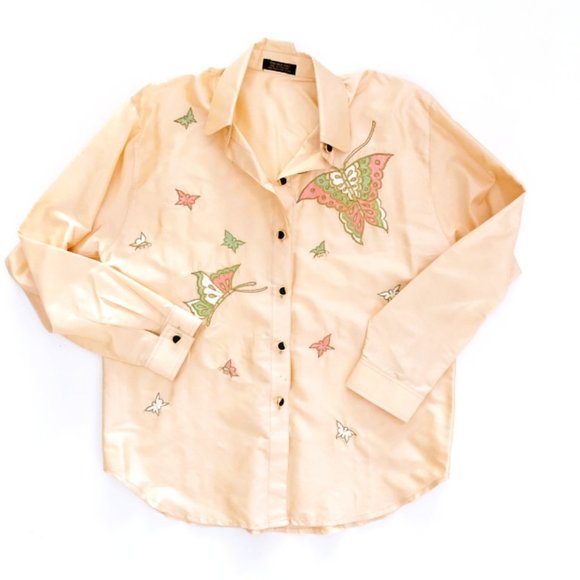 Vintage Tops - THAI SILK Vintage Women's Peach Butterfly Shirt